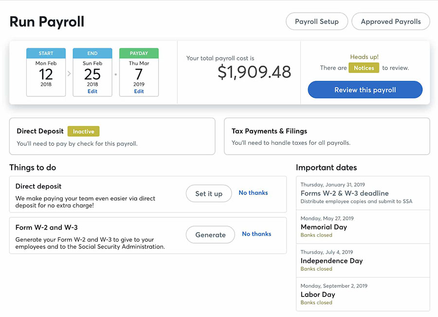 Wave provides you with a comprehensive payroll dashboard that displays pending tasks, payout records, and more.