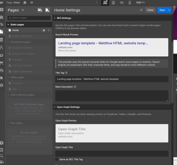 Screenshot of the ways you can customize page, social, and site search SEO with Webflow