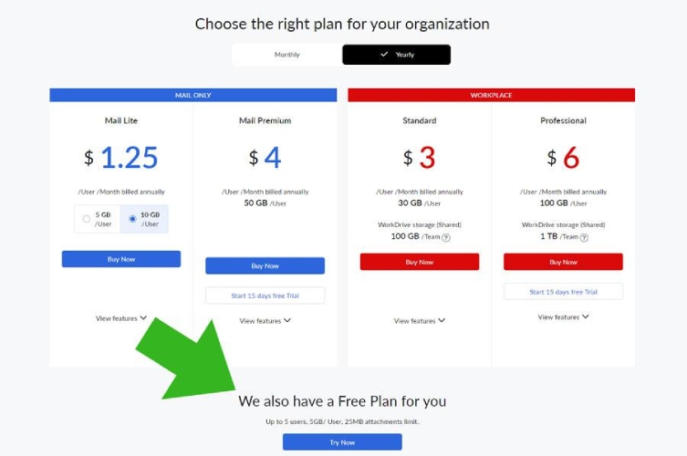 Screenshot showing how to select the free email plan through Zoho.
