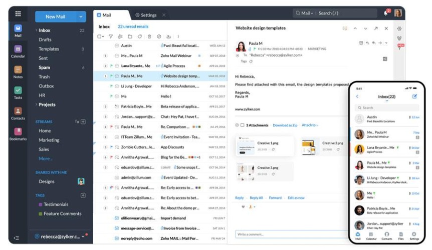 Zoho Mail app interface on desktop and mobile.