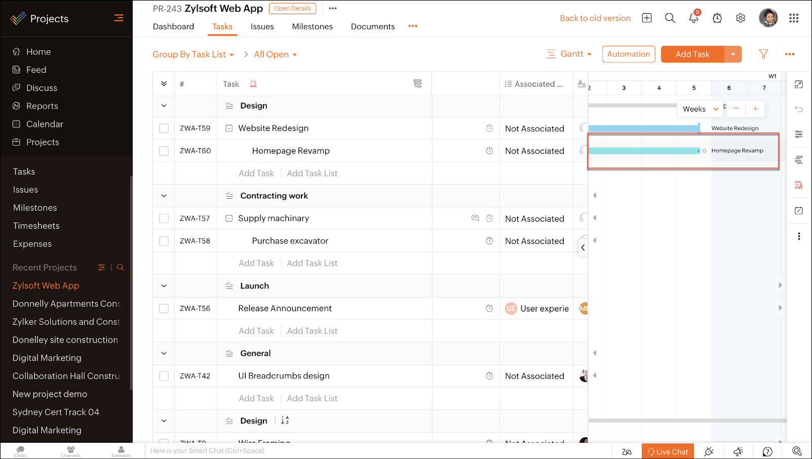 Zoho Projects task roll-up feature connected to a Gantt chart with task lists.