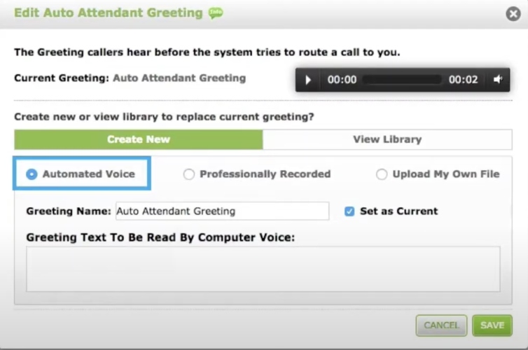 A screenshot of how to configure the auto-attendant greeting in eVoice.