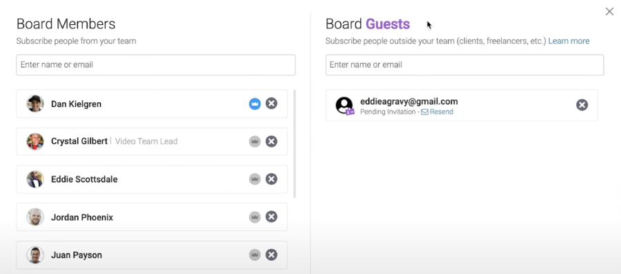 monday.com interface for adding board guest email addresses.