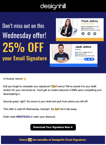 A "don't miss out" email from Designhill offering a 25% discount.