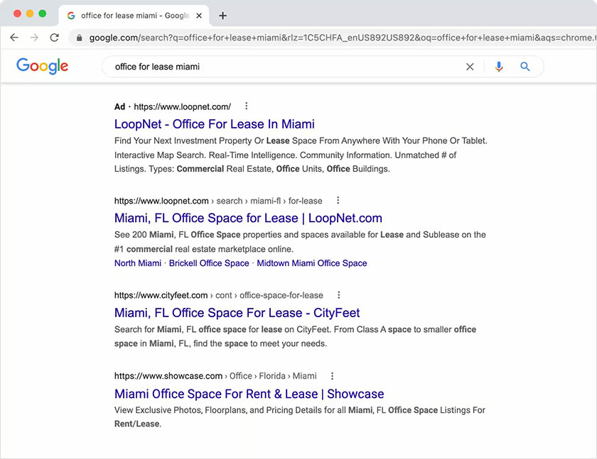 A Google search that shows LoopNet as the top result.