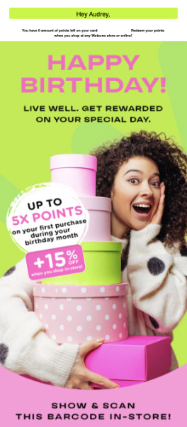 A "happy birthday" email from a drugstore chain offering special birthday discounts.