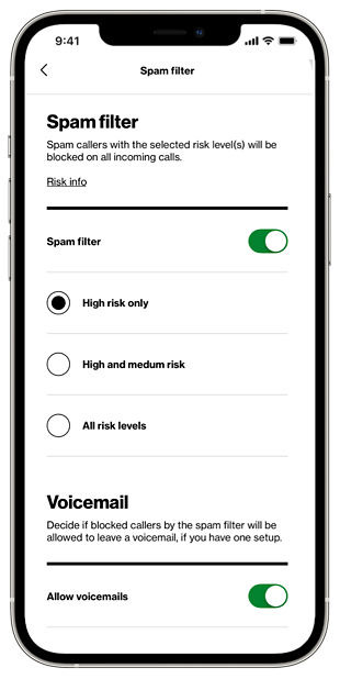A smartphone screen showing Verizon’s spam filter feature, which is set to block high-risk phone calls and send them to voicemail.