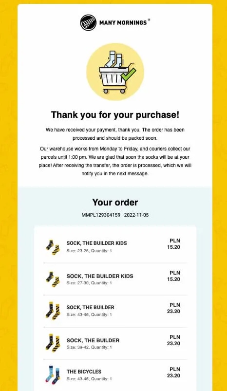A thank-you email from retail brand Many Mornings with a list of the recipient's order.