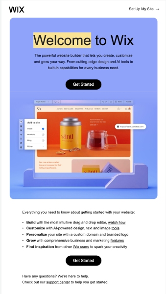 A welcome email from Wix for new customers.