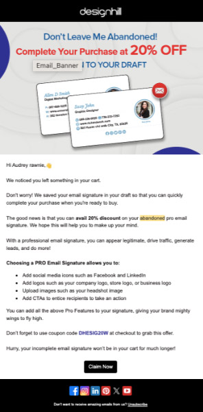 Abandoned cart email offering a 20% discount from Designhill.