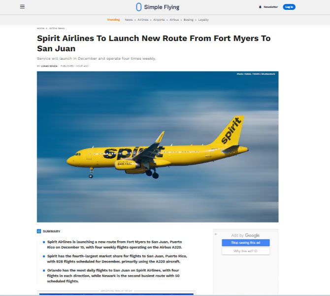 Press release for an airline announcing new route services.