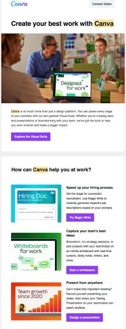 An email from Canva listing the platform's features and what they can do.