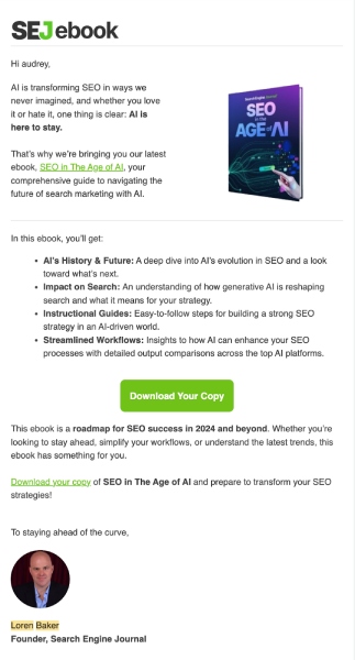 An email from Search Engine Journal with a lead magnet in the form of an e-book.