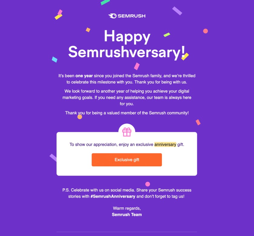 An email from Semrush celebrating the recipient's anniversary on the platform.