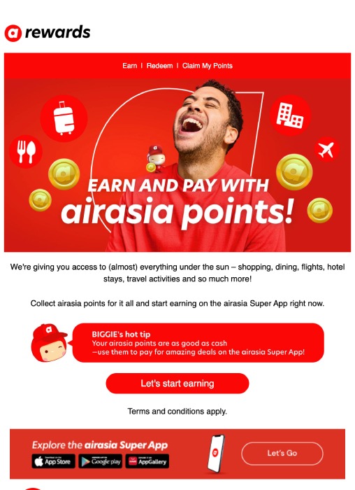 An email from the airline AirAsia inviting recipients to its rewards program.