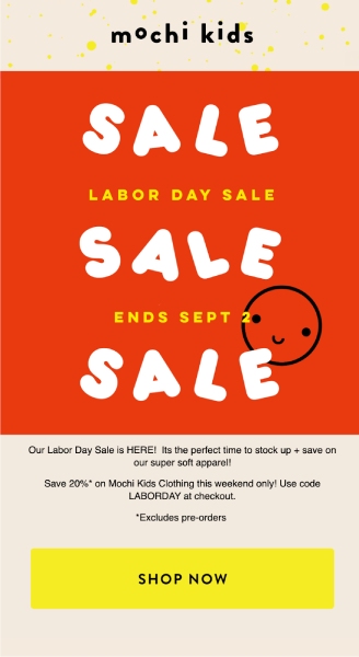 An email from the kidswear brand Mochi Kids announcing a Labor Day Sale.