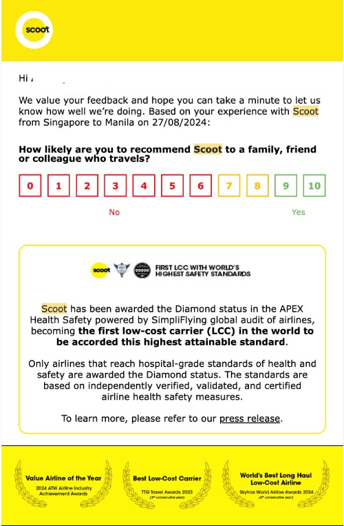 An email from the airline Scoot requesting a review of a recent flight.