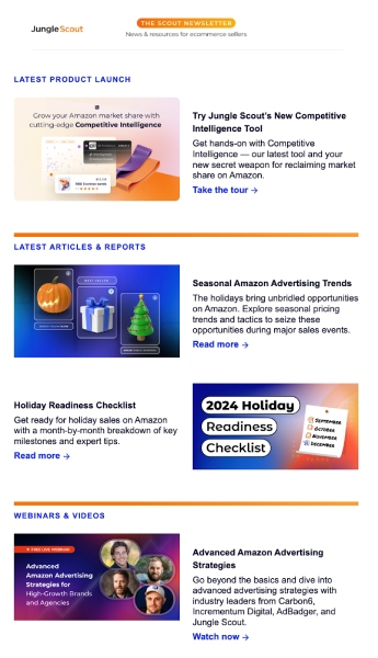 An email newsletter from Jungle Scout with latest product launches, articles, and videos.