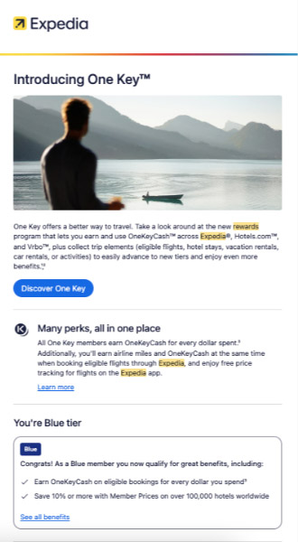 An email from the travel website Expedia promoting a reward loyalty program.
