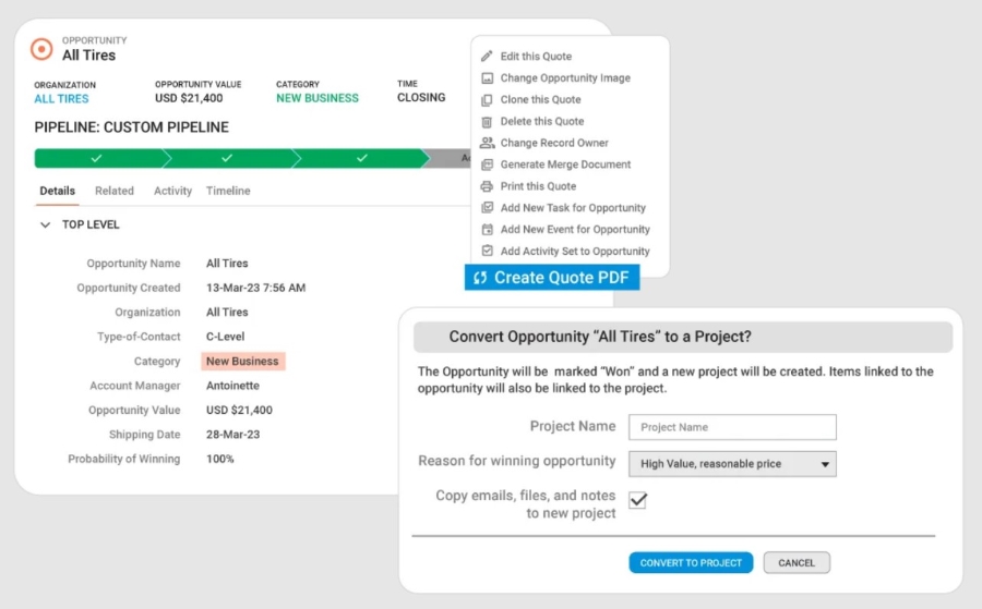 An example of Insightly CRM's project and task management system with post-sale transition.