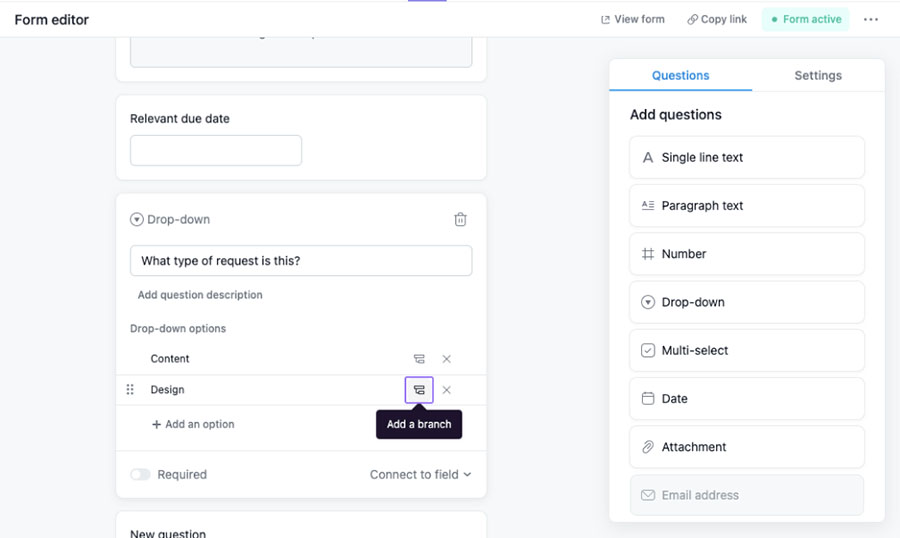 A screenshot of Asana form editor with forms branching too.
