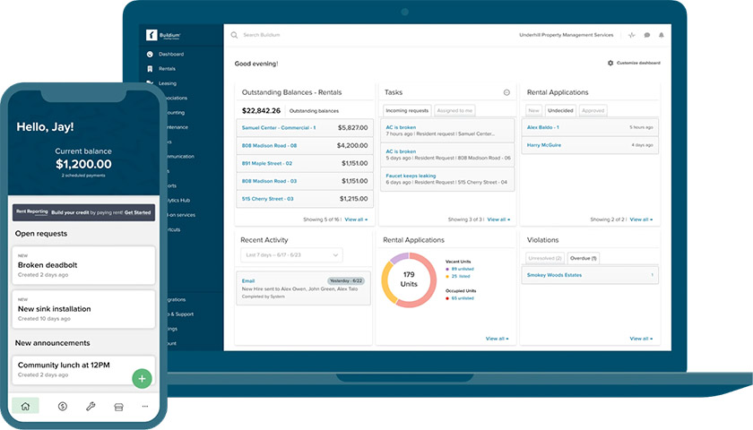 Screenshot of Buildium property manager dashboard.