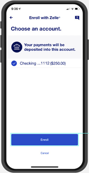Choose a business account to enroll with Zelle.