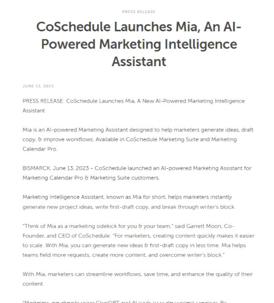 An online press release on CoSchedule's press page.