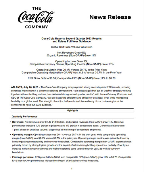 Coca-Cola's earnings press release for Q2 2023
