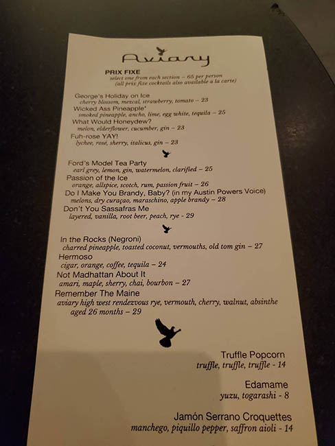 Cocktail menu from Aviary bar.