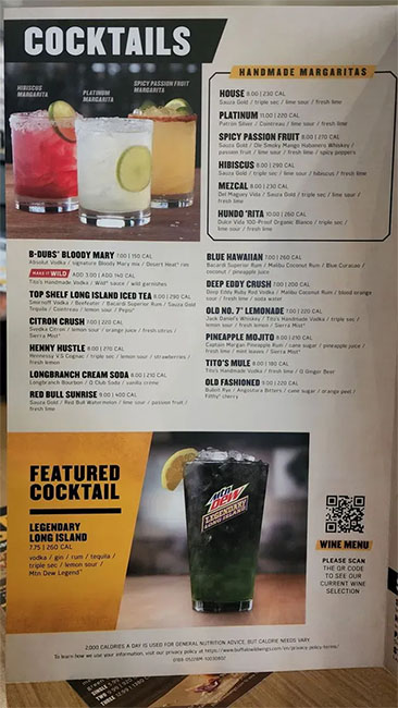 Cocktail menu from Buffalo Wild Wings.