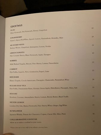 Cocktail menu from Eleven Madison Park.
