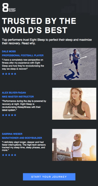 Email from a sportswear brand featuring various customer testimonial.