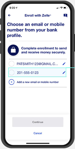 Enroll an email or mobile number with Zelle.