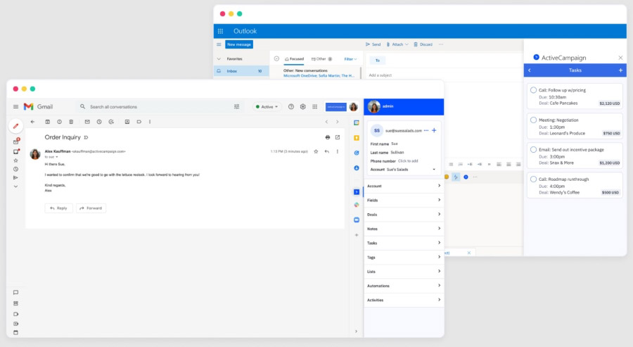 Examples of ActiveCampaign's Gmail and Outlook extensions with contact details.