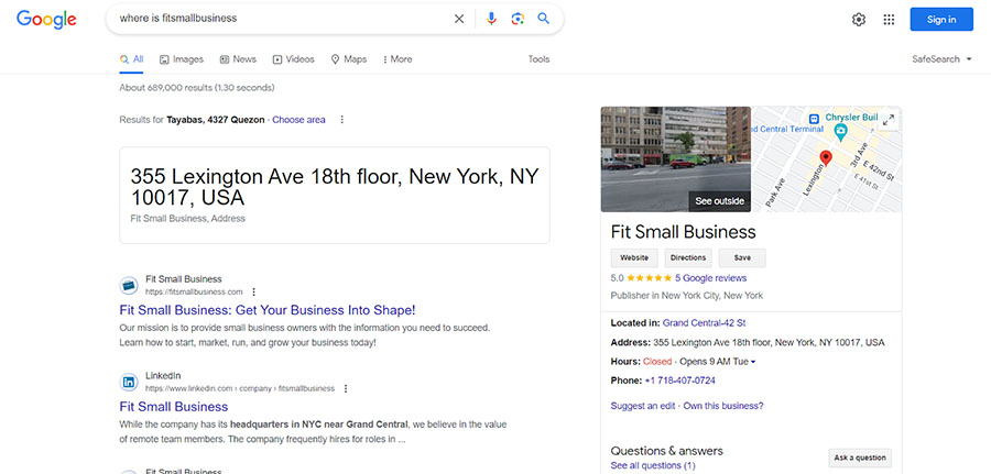 An example of Fit Small Business' Google Business Profile.