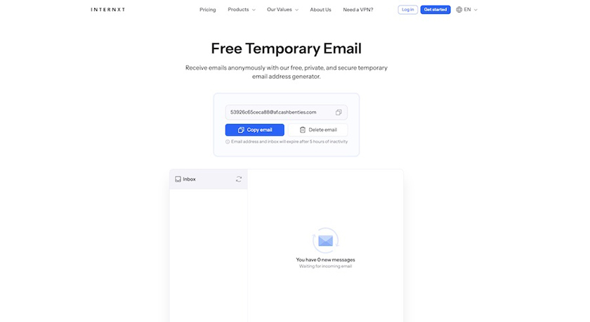 Free temporary email address and inbox from Internxt.