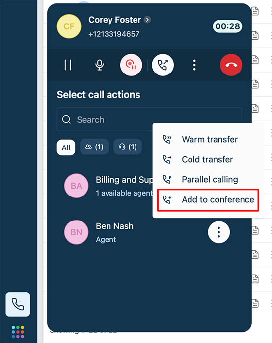 Freshdesk Contact Center interface showing a live call and call control buttons, such as "Warm transfer," "Cold transfer," "Parallel calling," and "Add to conference".