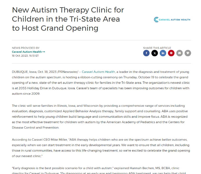 Grand opening press release from Caravel Autism Health.