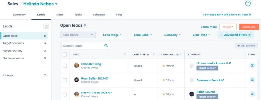 HubSpot CRM's example lead management system showing the stage, label, company, and type of open leads.