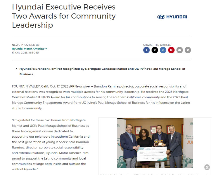 Press release from Hyundai announcing community leadership awards.