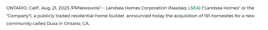 Lead paragraph of Landsea Homes' grand opening press release.