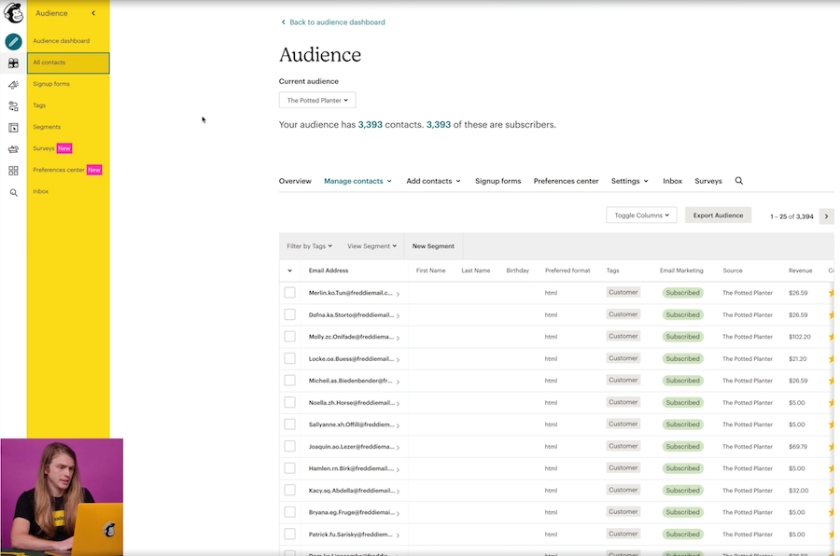 Mailchimp's sample email marketing audience segment list with tags and sources.
