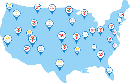 Map of USA of retailer icons accepting cash payment.