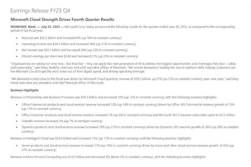 Microsoft's earnings press release for Q3 2023.