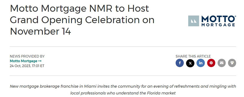 Headline and subheadline of Motto Mortgage's grand opening press release.