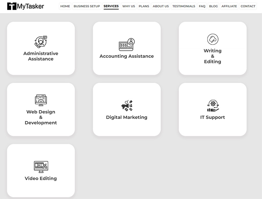 Screenshot of MyTasker website showing their services.