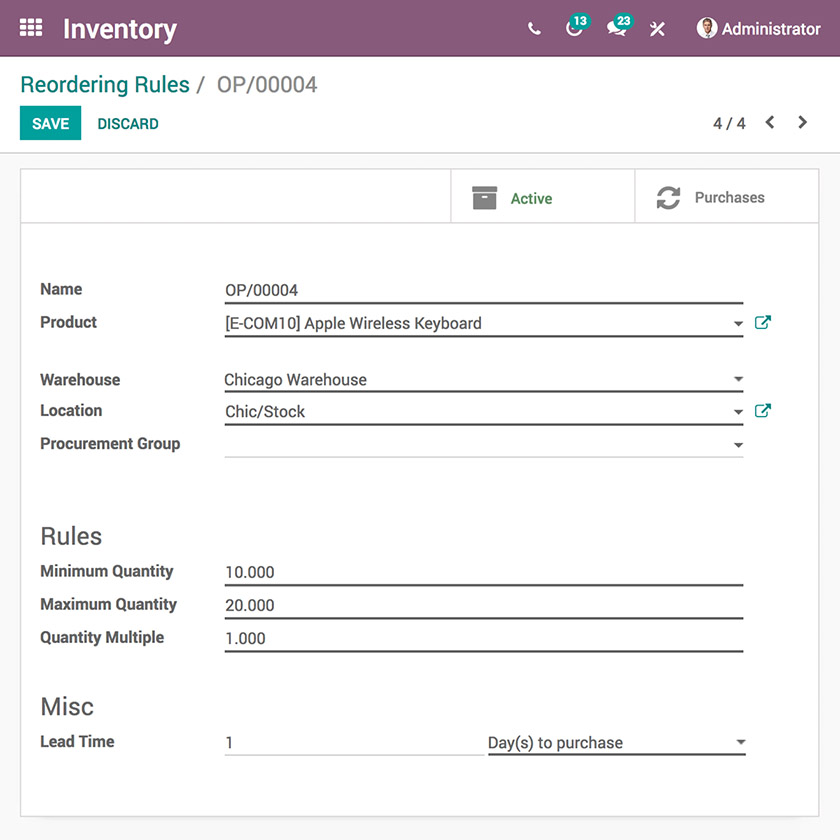 The form for creating a reordering rule on the Odoo web app with fields for product and location details as well as reordering instructions.