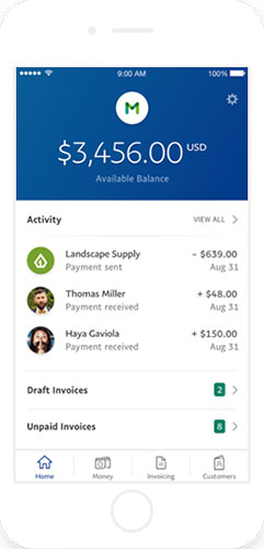 PayPal Business App with sample customer information.