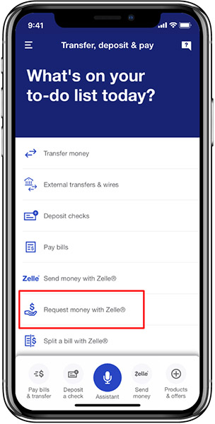 Request money with Zelle on U.S. Bank mobile app.